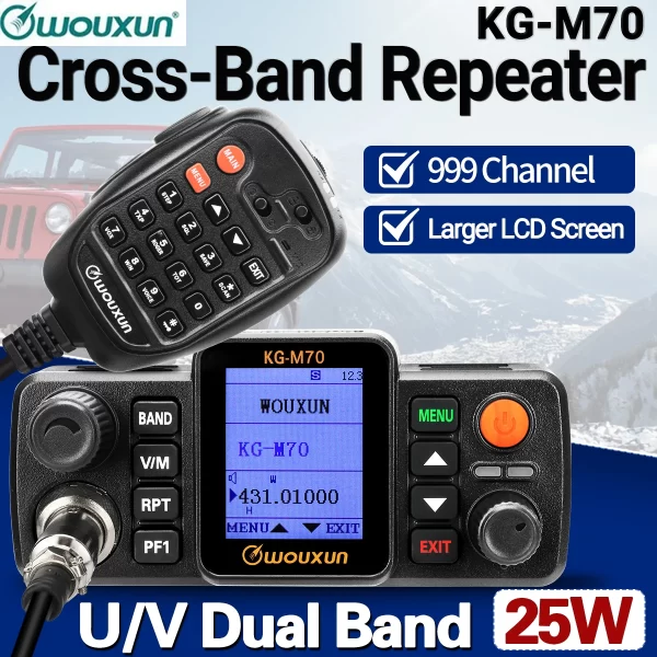 WOUXUN KG-M70 25W Mobile Radio UHF/VHF Dual Band 999CH Cross Band Repeater Mode Long Range Car Radio