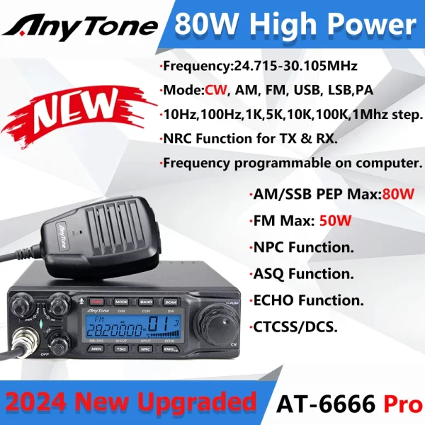 NEW ANYTONE AT-6666PRO CB Radio 28.000 - 29.700 Mhz 40 Channel CTCSS / DCS Mobile Transceiver AM/FM/SSB 10 Meter Mobile Radio
