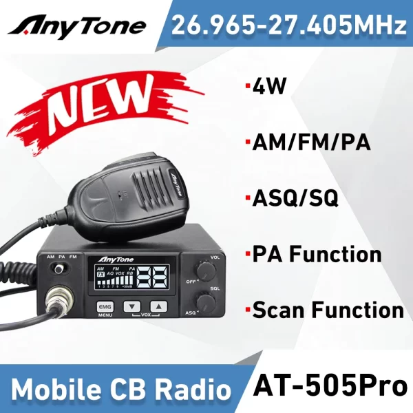 New Anytone AT-505Pro CB Mobile Transceiver 26.965-27.405MHz 4W 40Channels AM/FM/PA Scan Function ASQ/SQ/VOX Car Radio