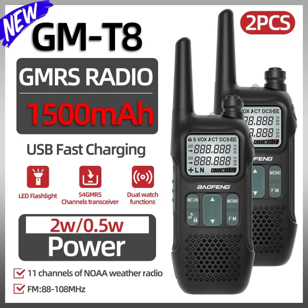 Baofeng GM-T8 GMRS Walkie Talkie NOAA Long Range Rechargable USB Charger for Camping Trip
