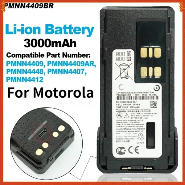 Motorola PMNN4409 Battery Pack USB Type C Port 3000mAh for Walkie Talkie APX1000 XPR3300 XIR P8668 P6600i DP4400 Ham Radio